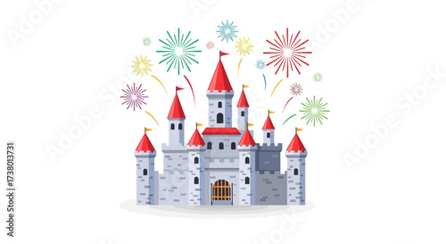 Enchanting fairytale castle with celebratory fireworks display against white backdrop
