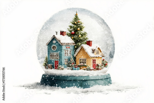 Charming snow globe with colorful houses and a festive winter tree