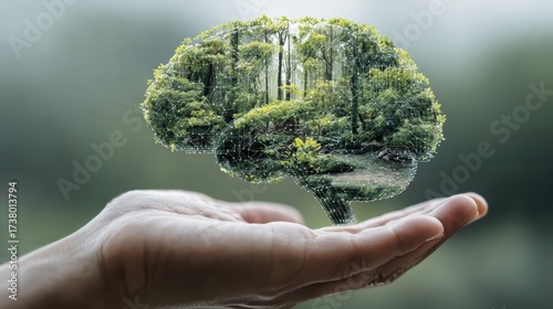 A hand holding a brain-shaped forest, symbolizing the connection between nature and mental well-being.