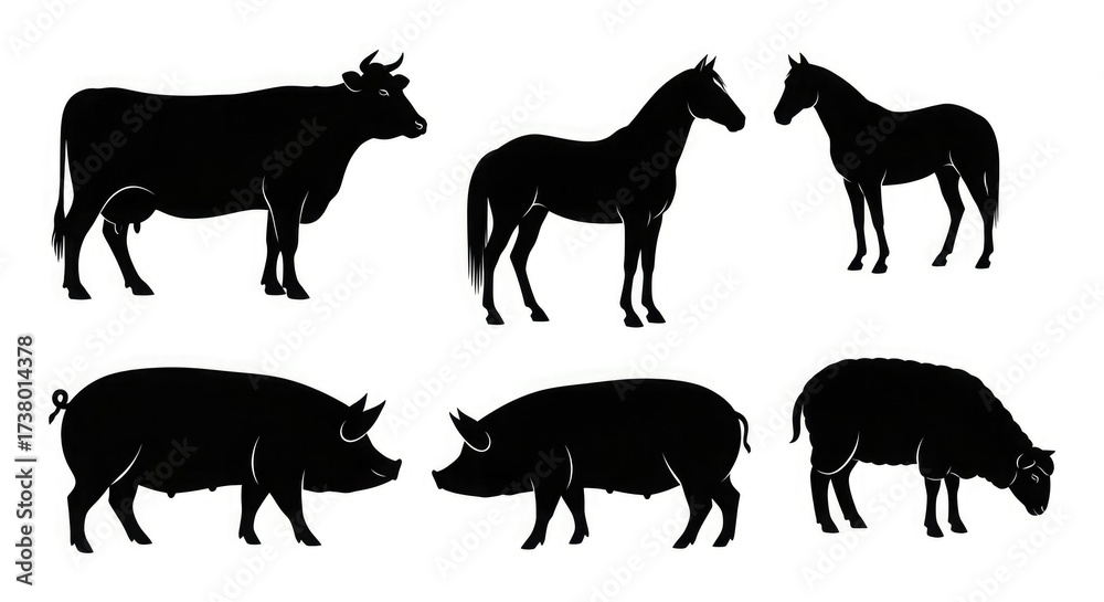 Fototapeta premium Silhouette farm animals cow horse pig sheep livestock mammal agriculture rural domestic animal vector art