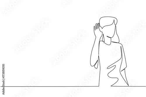 Single continuous line drawing a woman in casual clothes puts her hand behind her ear. Want a loud voice. Gestures of wanting to be heard. National Be Heard Day. One line design vector illustration