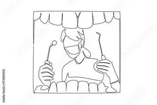 Continuous one line drawing rows of teeth and a female dentist in a mask in gloves, holding a mirror and a pry tool. Clean tartar. National Dentist Day. Single line draw design vector illustration