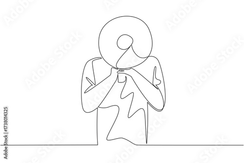 Single one line drawing man holding megaphone with both hands, and his head covered by megaphone. Loudness aids. Announce. Speech. National Be Heard Day. Continuous line design graphic illustration