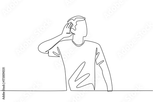 Continuous one line drawing man in casual clothes puts his hand behind his ear. A mocking gesture. Like a goal celebration. No sound. National Be Heard Day. Single line draw design vector illustration