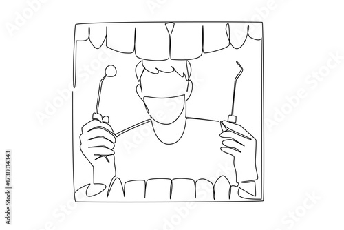 Single continuous line drawing rows of teeth and male dentist in a mask in gloves, holds a mirror and a pry tool. Tooth extraction procedure. National Dentist Day. One line design vector illustration