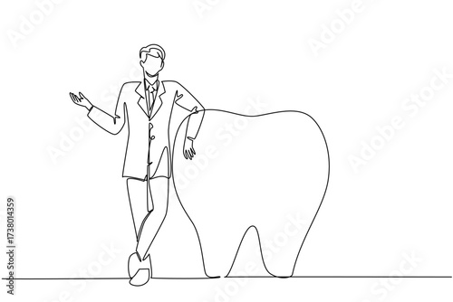 Single continuous line drawing male doctor standing and holding large tooth beside his. Leaning in front of big strong teeth. The specialist. National Dentist Day. One line design vector illustration