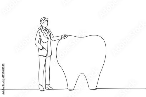 Single continuous line drawing female doctor standing holding big tooth beside her. Presentation by young dental specialist doctor. Hygiene. National Dentist Day. One line design vector illustration