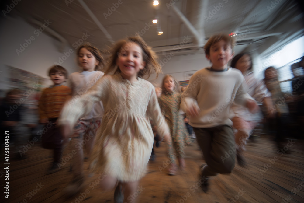 Obraz premium Children enjoy spinning dreidels on a wooden floor during festive gathering