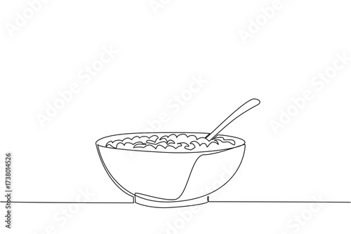 Continuous one line drawing cereal in a bowl with a spoon. Add milk to make breakfast healthier. Breakfast before activities. Tasty. National Cereal Day. Single line draw design vector illustration