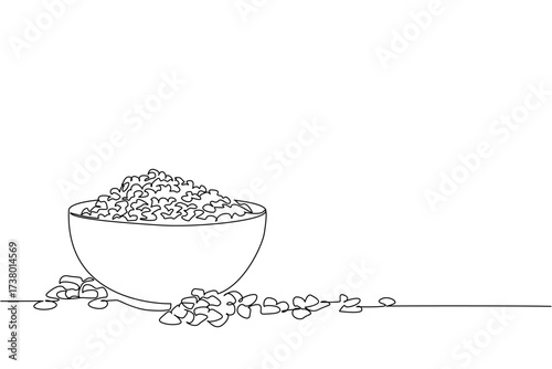 Single continuous line drawing cereal in a wooden bowl and a large spoon. Serving cereal in a bowl until it spills all over the floor. Diet. National Cereal Day. One line design vector illustration