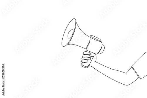 Single one line drawing a hand in casual clothes is holding a megaphone. A tool to help many people hear. Important announcement. National Be Heard Day. Continuous line design graphic illustration