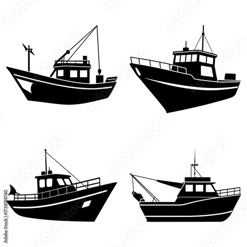 Silhouetted illustration featuring four distinct fishing boats with varying designs and equipment