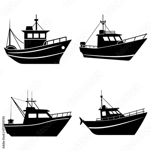 Four different silhouette illustrations of fishing boats with varying designs and structures shown