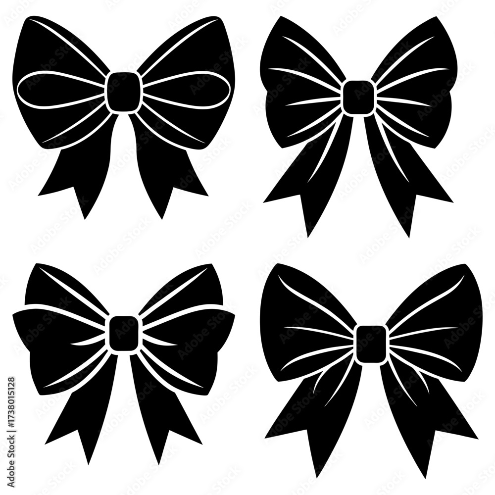 Fototapeta premium Illustration of four black decorative bows with square knots arranged on a white background design element