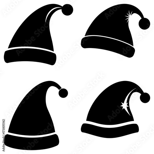 Four black santa hats with pom poms and white trim in a festive holiday arrangement design element