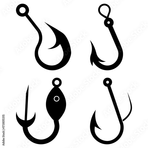 Illustration of four different types of fishing hooks in black silhouette on a white background