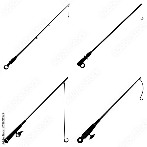 Four fishing rods in black silhouette against a white background in a square arrangement set up nicely