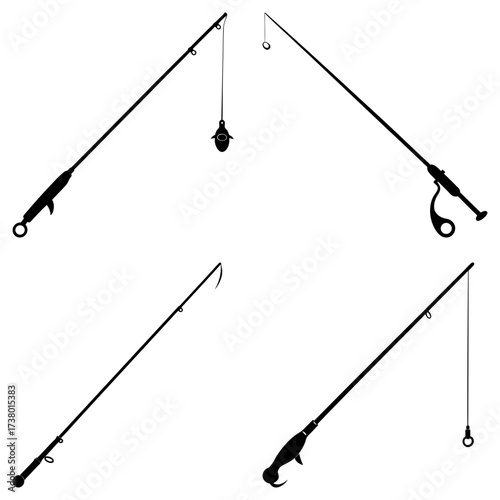Silhouette illustration showcasing four distinct fishing rods with varying reel and hook configurations