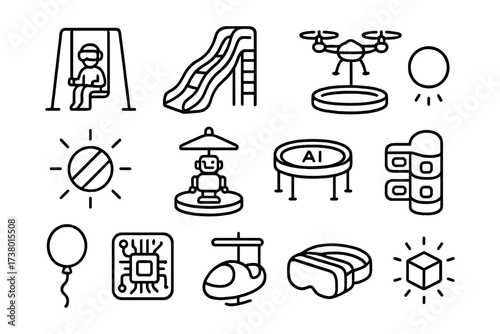 Modern playground and technology icons in linear style for kids and adults