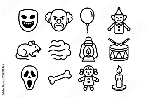 Creepy halloween icons: masks, clowns, dolls, and spooky elements in linear style