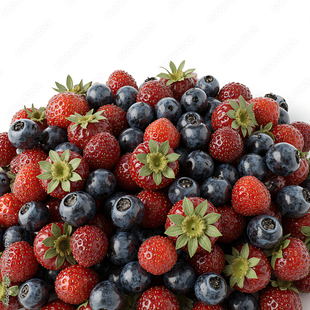 Obraz premium Fresh strawberries and blueberries piled together on a white background 