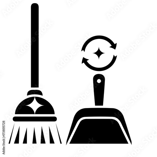 Cleaning Tools Silhouette, Broom and Dustpan with Recycling Arrow Symbol