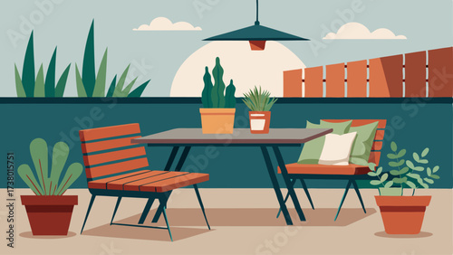 An outdoor patio with a mix of modern and rustic furniture including a metal dining table and chairs paired with a wooden bench and potted plants.
