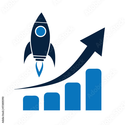 Graph diagram up with rocket icon, business growth success chart with arrow, business bar sign, modern approach to marketing, profit growing symbol, progress bar symbol, start up
