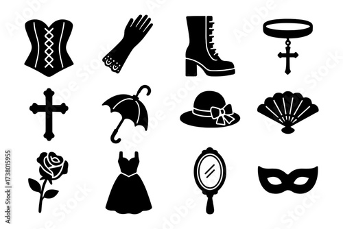 Gothic fashion elements silhouette set with elegant accessories and ornaments
