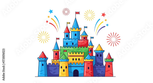 Vibrant fantasy kingdom with turrets, fireworks, and colorful towers in cheerful vector design for