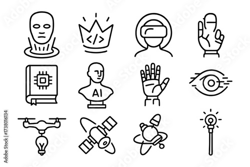 Modern technology icons: cyber, ai, and innovation in simple line art