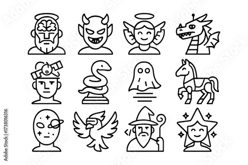 Diverse mythical characters in clean linear icon set for fantasy themes