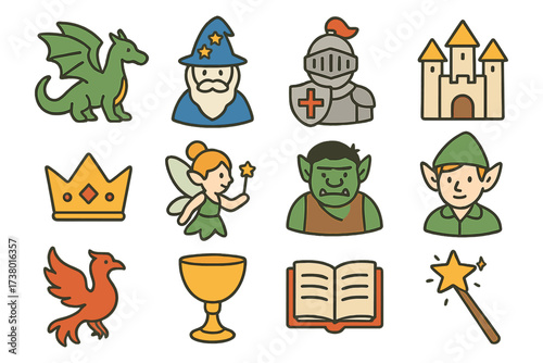 Fantasy characters and icons: dragon, wizard, knight, castle, and more