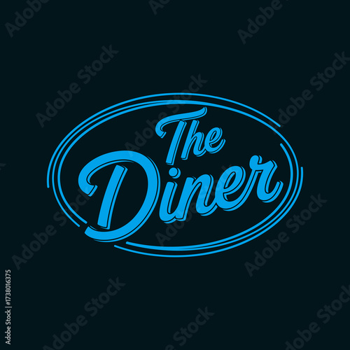 Classic American diner logo featuring 'The Diner' text in a vibrant blue script font enclosed within a double oval frame on a dark background.