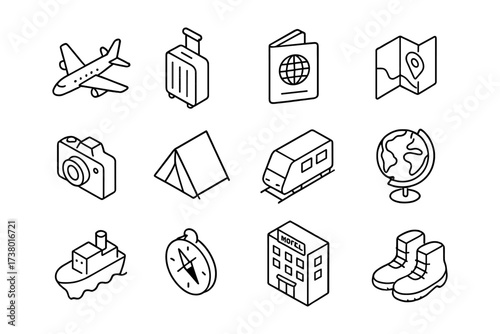 Travel icons: linear style collection of essential adventure symbols