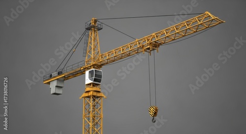 Heavy-duty yellow construction tower crane isolated on a grey studio background for industrial concepts