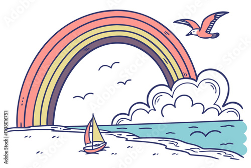 A bright rainbow over the ocean with a sailboat and bird