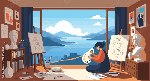 Artist paints a landscape on a canvas with a scenic view of mountains and a lake.