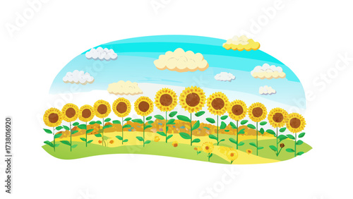 A field of sunflowers under a bright blue sky with fluffy clouds
