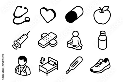 Healthcare icon set: medical symbols in bold outline style