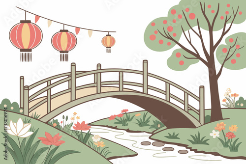 A gentle bridge arches over a stream with colorful lanterns overhead