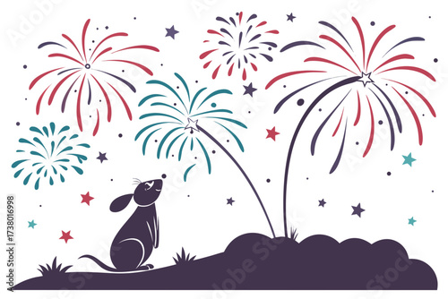 A small mouse watches colorful fireworks explode in the night sky