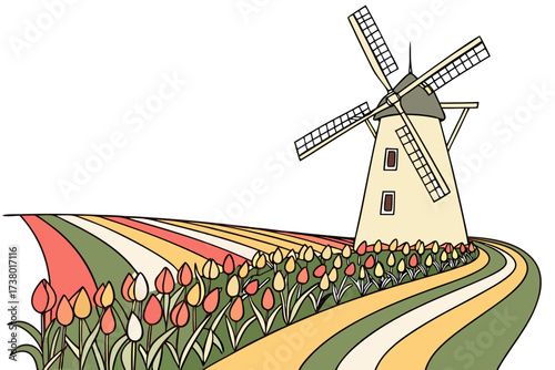 A stylized windmill with colorful tulip fields tulips