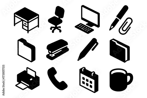 Isometric office essentials icons: furniture, technology, and stationery collection