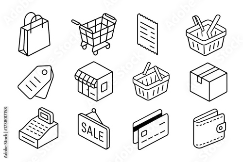 Isometric shopping icons set featuring cart, wallet, tags, and more