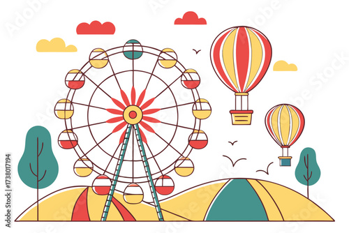 Amusement park ferris wheel and hot air balloons on white background