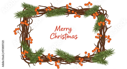 A festive rectangular frame adorned with twigs evergreen branches and bright orange berries ideal for seasonal greetings.