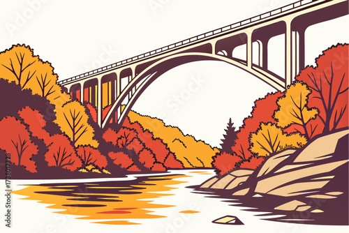 Arch bridge over a river with autumn trees fall
