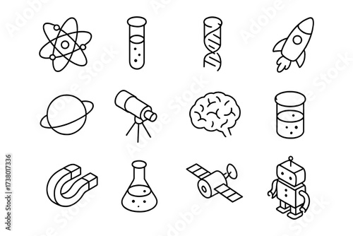 Science icons set featuring space, chemistry, and robotics in linear style