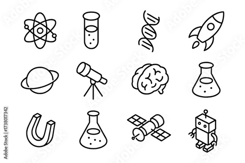 Science and technology line art icons: rocket, dna, robot, atom, and more